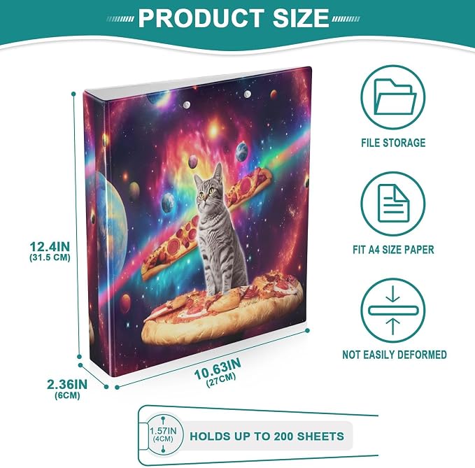 Custom 3 Ring Binder Cat Pizza Planets 1.5" Round Ring Binders Personalized Name View Binder with 200 Sheet for Women Men Office Kids School Supplies, 1 Pack