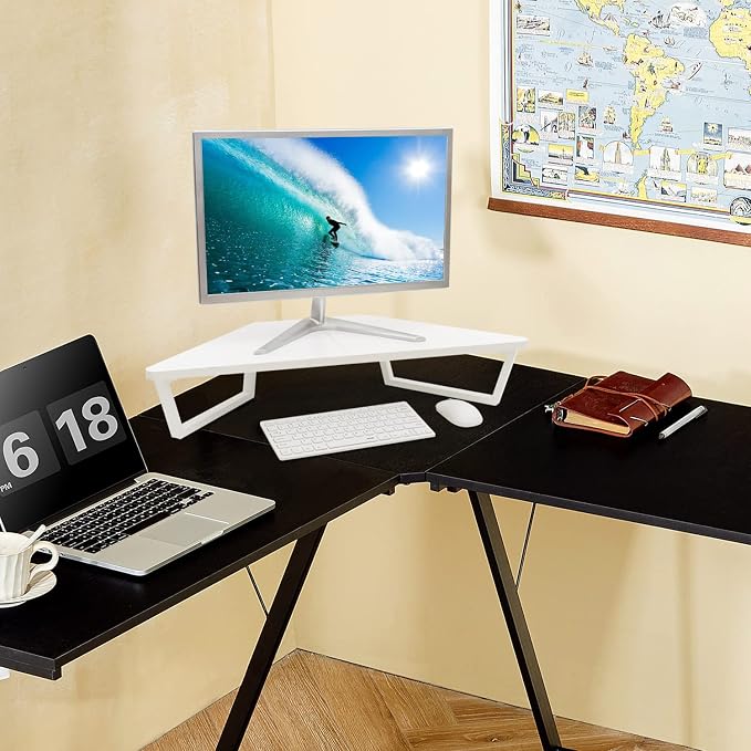 TEAMIX 26 inch White Triangle Monitor Stand Riser, Desktop Corner Shelf with Metal Leg Wood Computer Stand with Storage Laptop Riser Office Organization | Triangle Monitor Stand, Wood & Metal Computer Stand, Laptop Riser, Desktop Organizer, for L Shape...