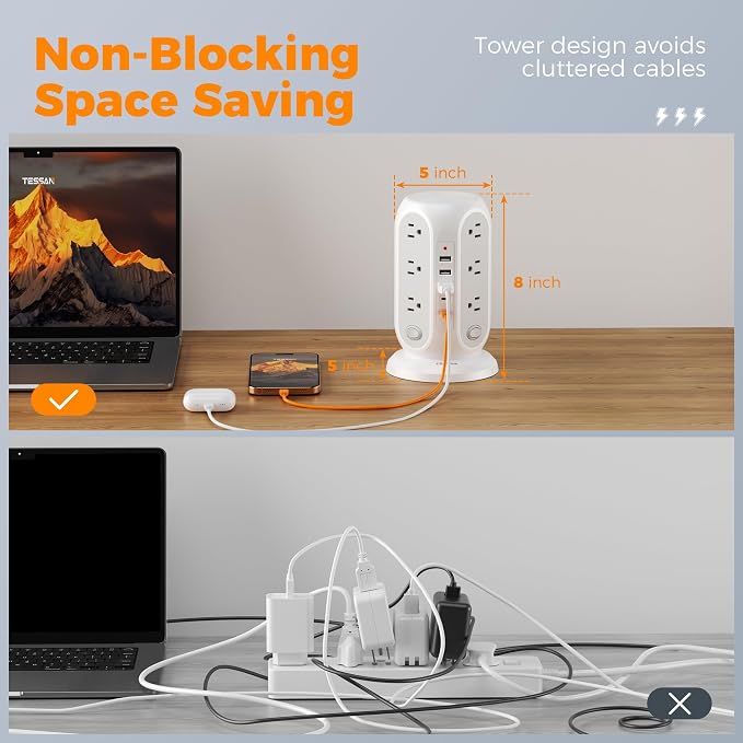 TESSAN Tower Power Strip Surge Protector, Flat Extension Cord 10 Ft, Grey | Individual Switches with 12 Outlets, 5 USB Ports(2 USB C), Flat Plug, Charging Station for Multiple Devices, Office, Dorm