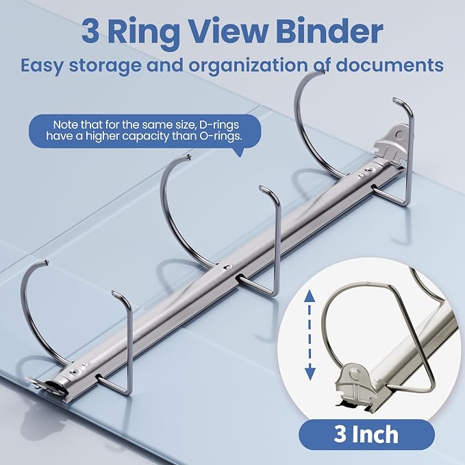 SUNEE 3 Ring Binder 3 Inch D Ring, Clear View Large Binder Three Ring PVC-Free (Fit 8.5x11 Inches) for School or Office Supplies, Haze Blue, 1 Pack