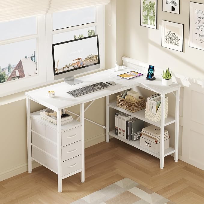 DUMOS L Shaped Desk with Power Outlet, Study Table | 47 Inch Corner Computer Gaming Unit, Adjustable Shelves, Home Office Bedroom, Modern White