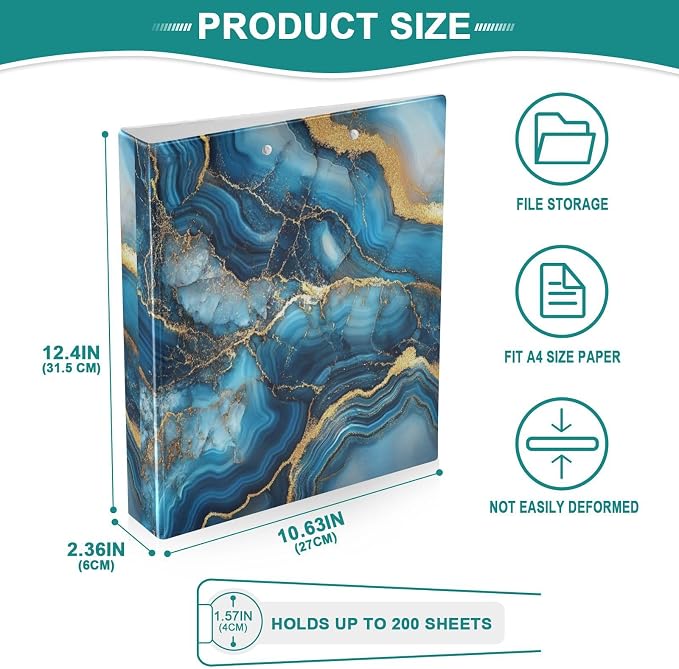 Aslsiy 3 Ring Binder 1.5 Inch Sea Blue Agate Marble Round Clipboard Binder Harcover Decorative Binders Organizer for Office Supplies