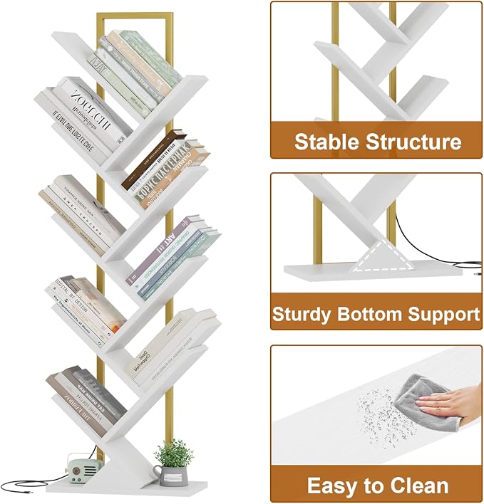 Qupui 9-Tier Tree Bookshelf with LED Lights, Tall Corner Bookcase, White | RGB 22 Modes 6 Brightness. Tree Branch Design. 9 Open Shelves. Engineered Wood With Metal Frame. T-shaped Stability