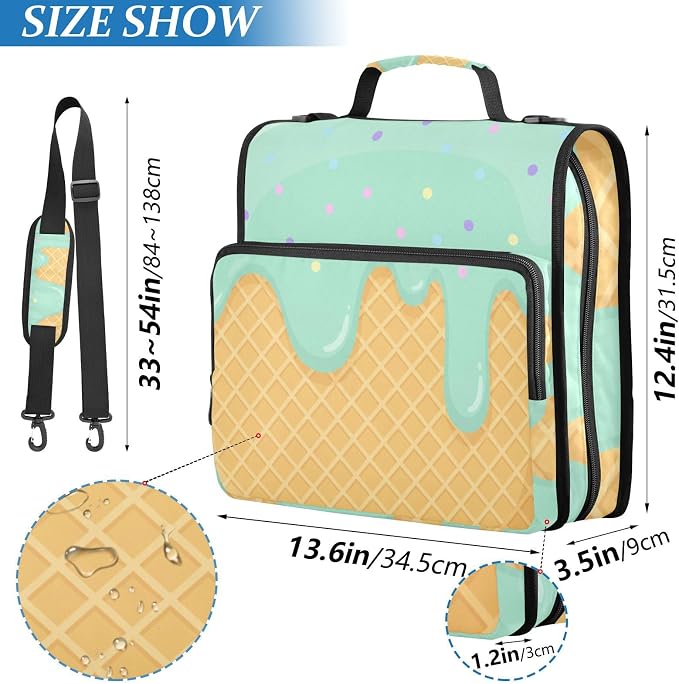 ALAZA Zipper Binder 3 Ring Green Ice Cream of Waffles Binder Organizer with Zipper and Shoulder Strap Large Capacity Multi-Pocket Trapper Keeper File Folder for Office Supplies