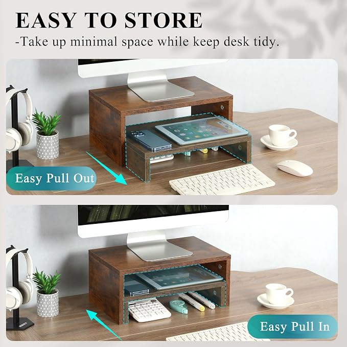 TEAMIX 2-Pack Monitor & Laptop Stand Riser, Wood High-Low Dual Monitor Set | Stacked/Separate Use, Adjustable Computer Stand for 2 Monitors, Holds 80Lbs, Rustic Desk Organizer for Home Office, Gaming