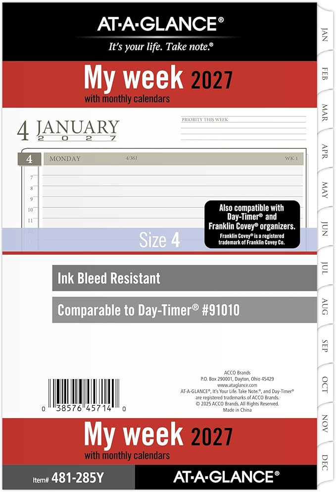 AT-A-GLANCE 2027 Planner Refill, Weekly & Monthly, 5.5" x 8.5", Desk Size 4, Tabbed, 7-Ring Loose-Leaf (481-285Y-27)