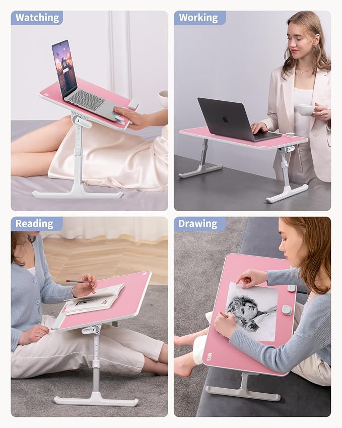 SAIJI Height & Angle Adjustable Laptop Stand for Bed, Lap Desk Tray Table | Light Weight Foldable Portable Laptop Table for Couch Sofa Chair Floor Desk for Adults, Kids (Pink)