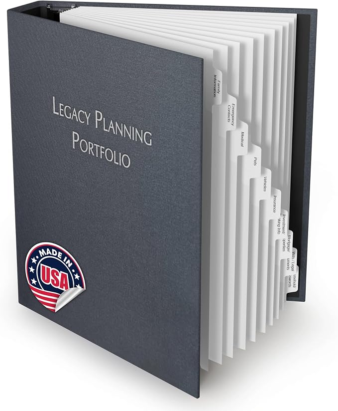 TRS Legacy Planning Portfolio | Important Documents Organizer Binder Kit, Family Emergency Organizer for Medical, Insurance, Passwords & Pets, 1.5" D-Ring with Pre-Labeled Tabs | Charcoal Gray Linen