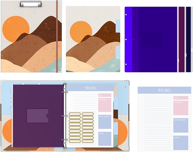 3 Ring Binder, 1 Inches Round Ring Binder with Clipboard, Dividers Tabs, PVC Zipper Bag Sleeves & to Do List Planners for Women, Men, School, Office Supplies, Mountain