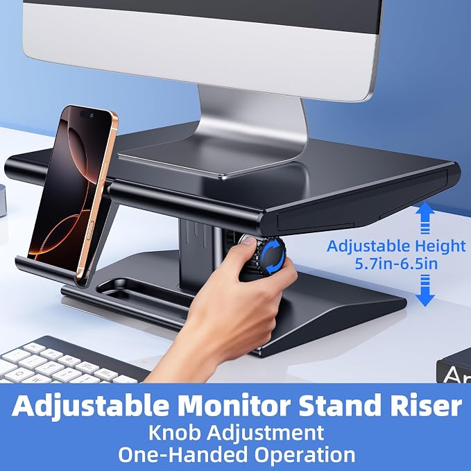 Ergonomic Height Adjustable Monitor Stand Riser,with Hidden Drawer | Knob Height Adjustment, Desktop Organizer for Home & Office Workspace, with Phone Holder & Pen Slot
