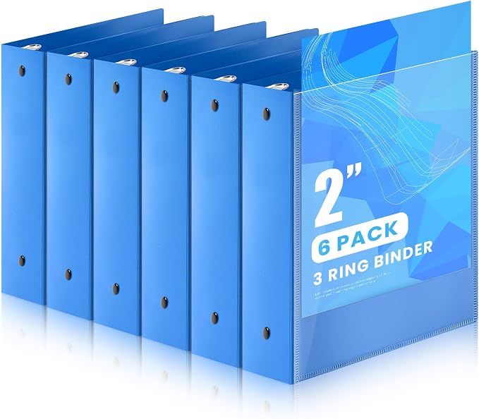Henoyso 2 Inch 6 Pack Mini Clear View 3 Ring Binders for 5.5"x8.5",Blue | Holds 490 Sheets, Clear Front Covers, Flexible Plastic Binder Bulk, Three Round Rings, School Office Report Filing, Planners