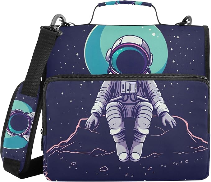 MNSRUU 3 Ring Binder Bag, 2 Inch D-Rings Easily Organizes 1 Inch Fits Letter Sized Paper, Astronaut Large 3 Hole Zipper Binder Organizer for School Office Supplies