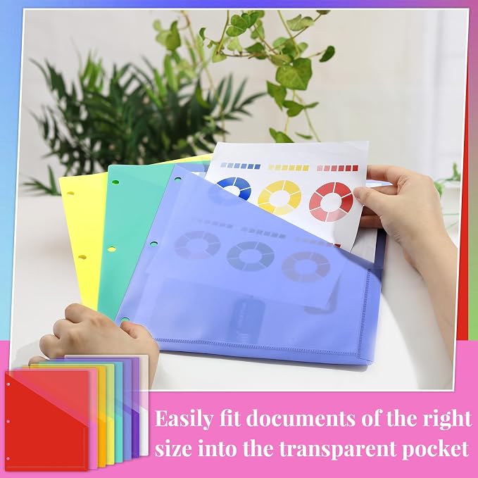 48 Pack 3-Ring Binder Pockets Translucent Polyester 3 Hole Binder Plastic Sleeves 9.25 x 11.22 Inches Slash Folder Binders Organizer Suitable for Office Classroom Business Home Organizer (Rainbow)