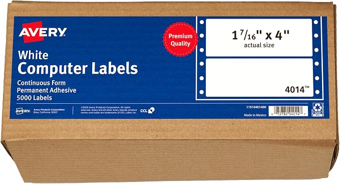 Avery White Computer Labels, 1-7/16" x 4", Dot Matrix and Pin-Feed Printer Compatible, 5,000 Total (4014)
