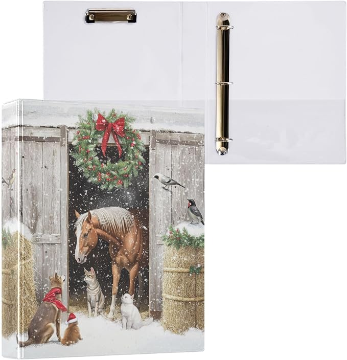Farmhouse Christmas Barn with Horse Cat Dog Bird 3 Ring Binder 1.5" Decorative D-Ring Binder with Clipboard&3 Clear Pockets, Holds 200 Sheets A4 Size Paper Binders for School Home Office|2 Pack