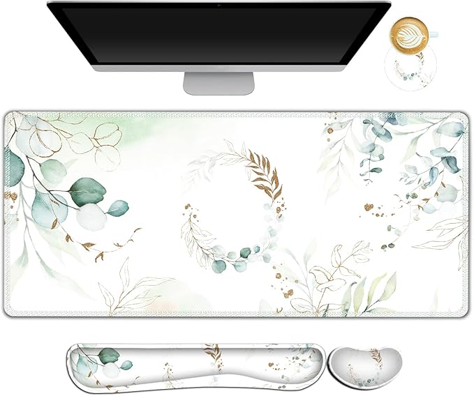 Gaming Mouse Pad Wrist Support Set, XXL Large Desk Mat Mousepad + Keyboard Wrist Support+ Mouse Wrist Rest+Coaster 4in1 Ergonomic, Memory Foam, Stitched Edge for Home Office -Pretty Leaves