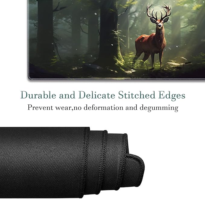 Extended Gaming Mouse Pad 31.5" x 11.8", with Edge Stitching, Non-Slip Rubber Base Keyboard Pad, Suitable for Work, Game, Office, Home and Coasters, Deer in The Forest