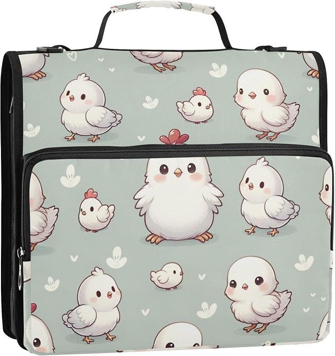 Cute Animal Chicken Farm Zipper Binder Bag 3 Ring Binder with Shoulder Strap Zip Up 500 Sheets Capacity Multi Pockets for School Office Supplies