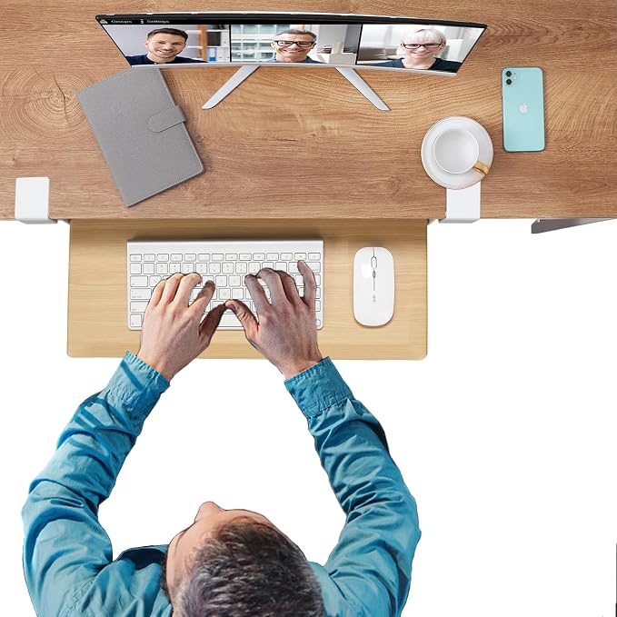 ETHU Under Desk Keyboard Tray - Small Slide Out Keyboard Shelf with C Clamp Mount, 19.7" x 11.8" Ergonomic Pull Out Tray for Home Office Desk,Oak