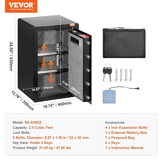 VEVOR Single Door 3.5 cu.ft Safe Box with Key Lock & Password, Safe Lock Box with Fireproof Bag, Key Rack, LED Light, and 2 Shelves for Money, Documents, Jewelry, and Valuables, Black