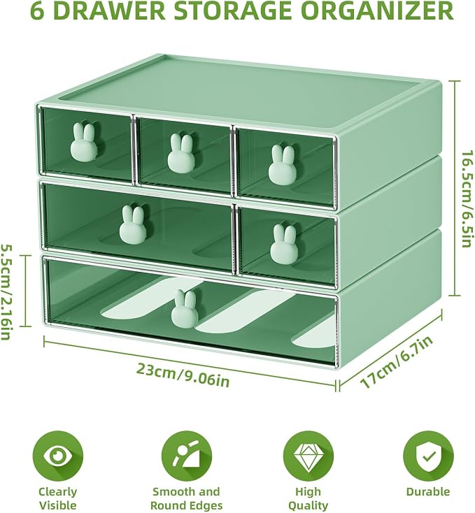 Marbrasse Desk Organizer with 6 Drawers, 3 Tier Stackable Storage Drawers Plastic Makeup Storage, Office Organizers and Storage, Desk Storage Box for Office, School, Home Green
