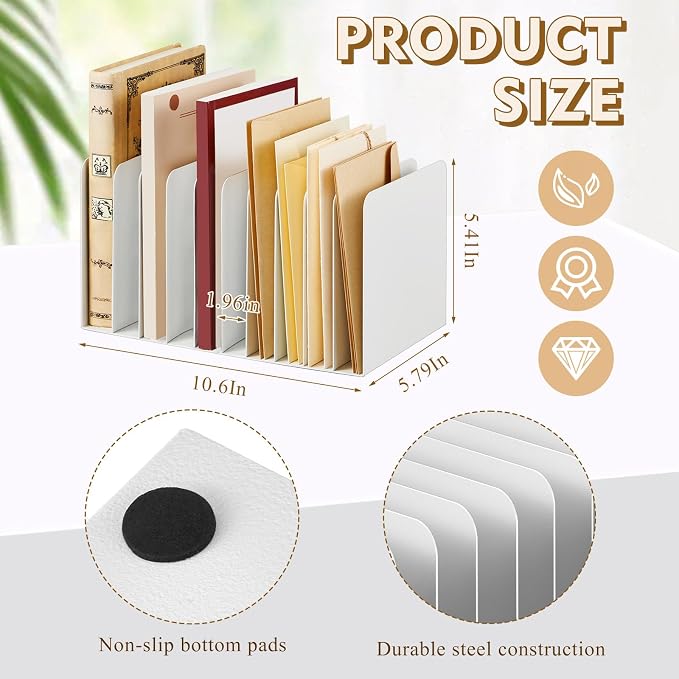 Suzile Metal Desktop File Organizer, 10 Compartments, Vertical File Sorter, White, 5.79" W x 10.63" L x 5.41" H, Office, Reception Areas, Workspace