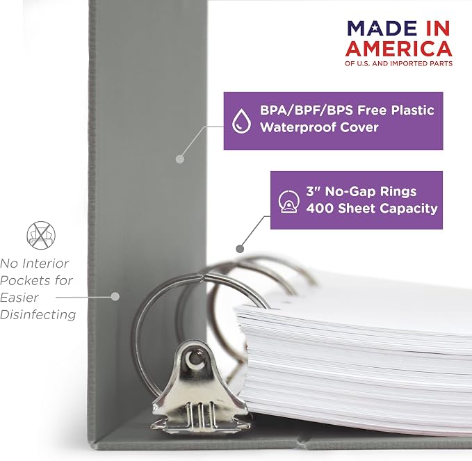 Carstens 3-Inch Heavy Duty 3-Ring Binder - Top Opening, Ash Gray, Durable Plastic, Precision No-Gap Rings, Waterproof Cover, No Pockets, Holds 400 US Letter Sheets, BPA-Free, Made in USA (1752-3R)