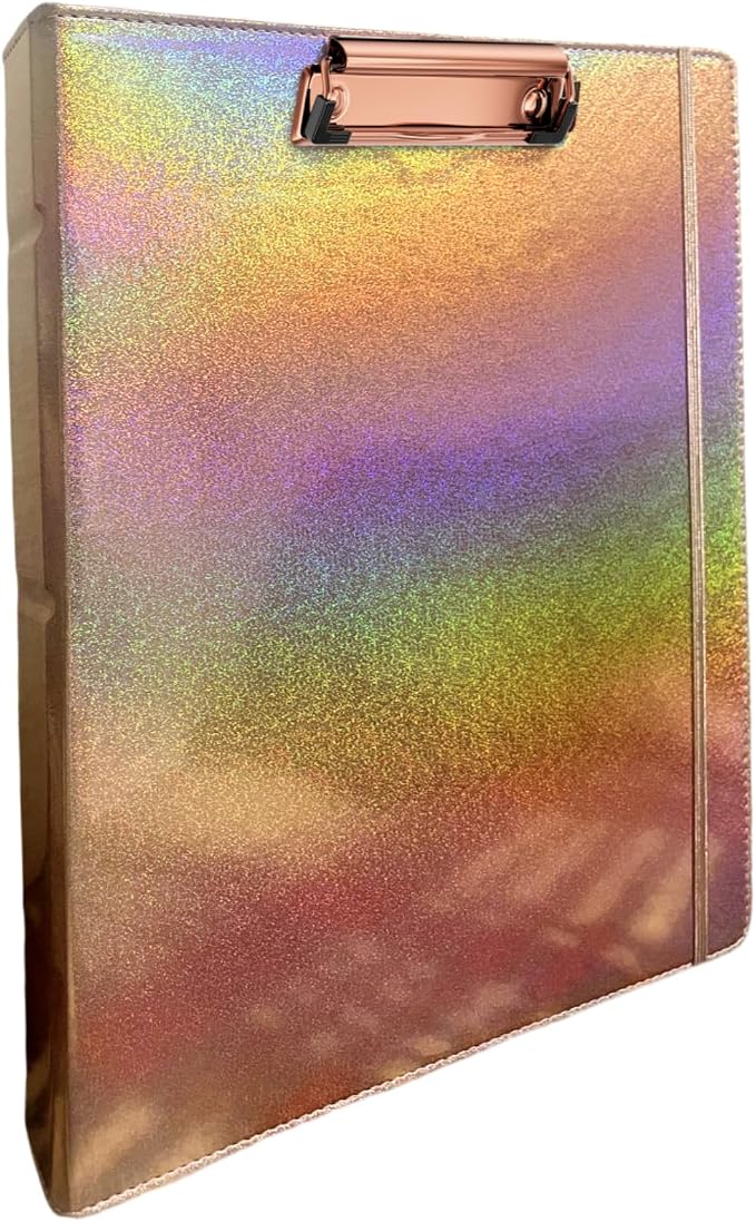 3-Ring Binder 1-inch with Clipboard, Holographic Rose Gold Glitter Design, Including 5 Divider Pages, File Bag and Spine Label - Perfect for Schools, Offices and Organizations