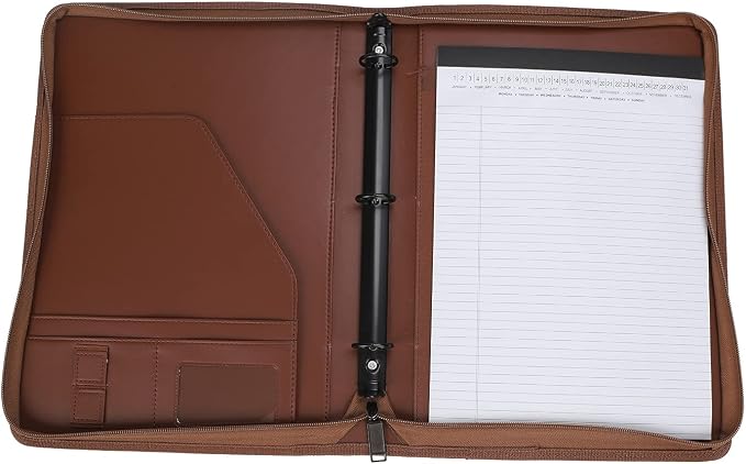 Zippered Portfolio 3 Ring Binder Organizer with Writing Pad Legal Size Letter - PU Leather Padfolio Document Organizer for Interview Business，Brown