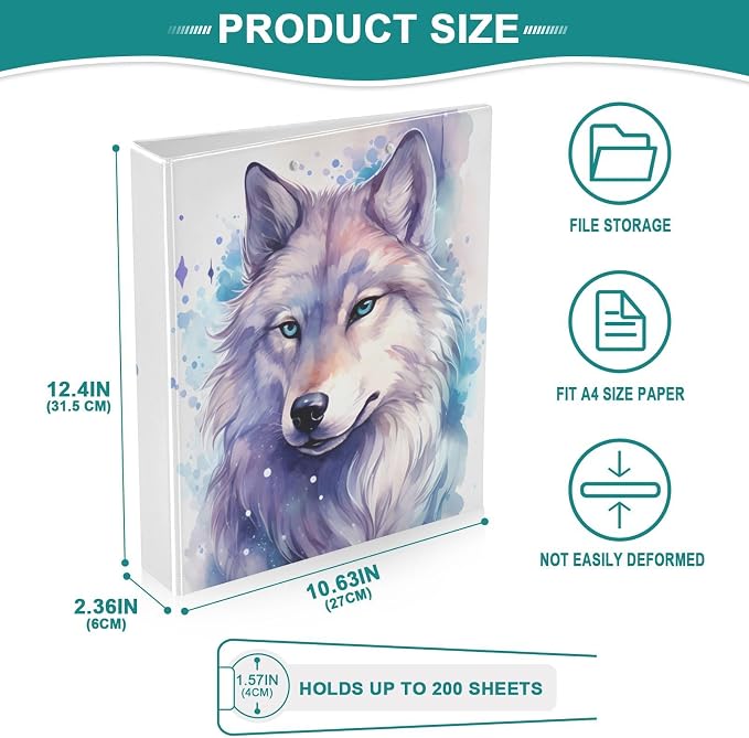 3 Ring Binder Wolf Watercolor 1.5" Round Ring Binders View Binder with 200 Sheet for Kids School Supplies Women Men Office, 1 Pack