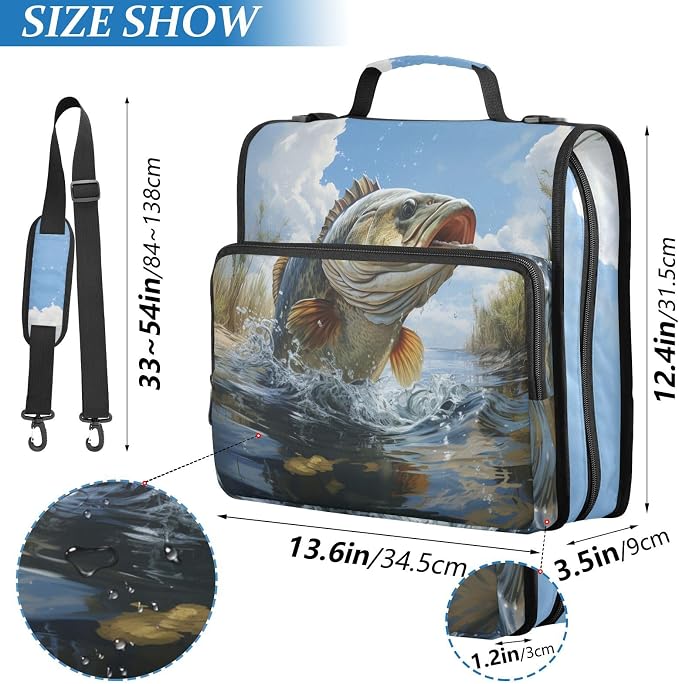 Bass Fish Binder Bag 3 Ring Zipper with Handle Shoulder Strap | for School Work Office Organizer Storage Case