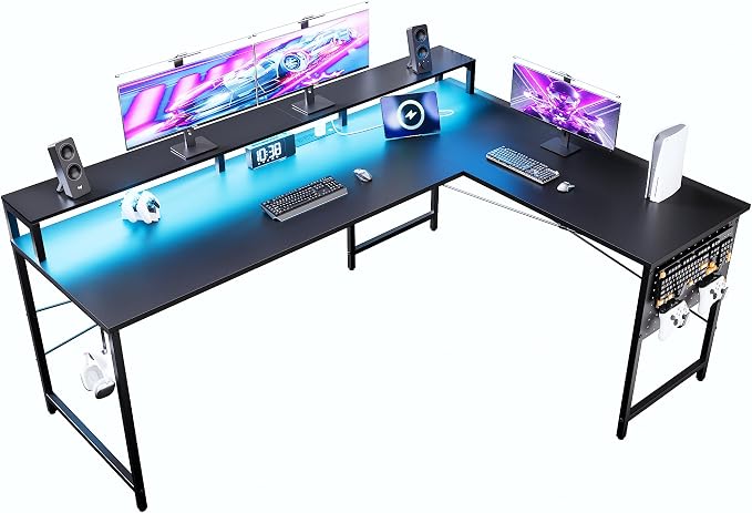 Pamray 64 Inch L Shaped Gaming Desk with Monitor Stand and Power Outlets | Large Corner Computer Desk With Pegboard & Led Lights USB Charging Ports for Home Office Study and Writing Bedroom and Dorms