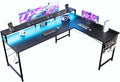 Pamray 64 Inch L Shaped Gaming Desk with Monitor Stand and Power Outlets | Large Corner Computer Desk With Pegboard & Led Lights USB Charging Ports for Home Office Study and Writing Bedroom and Dorms