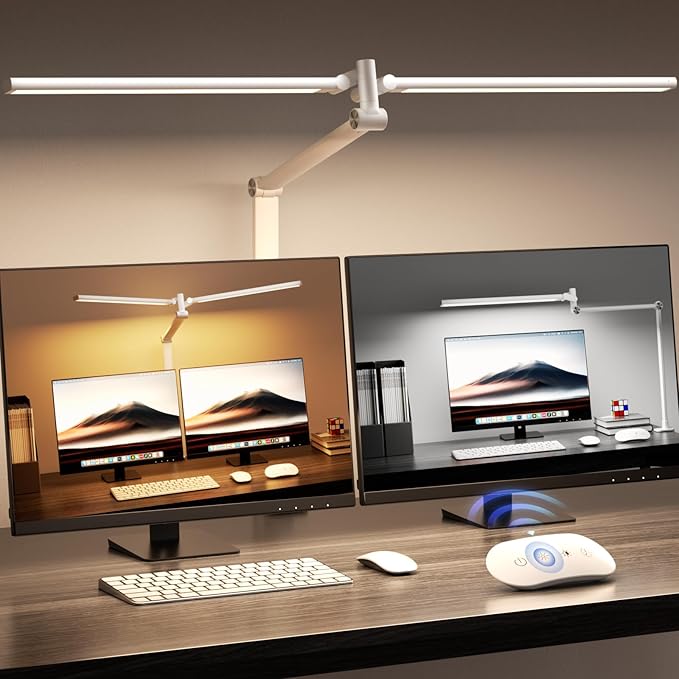 Airlonv LED Desk Lamp, Double Swing Arm Wide Lighting Area Desk Lamps for Home Office with Stepless Dimming, Eye-Caring Architect Desk Light with Clamp for Reading, Study, Workbench, Drafting(White)
