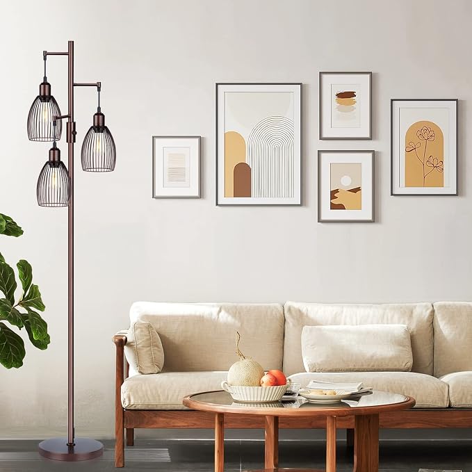 Torondo Dimmable Floor Lamp, Industrial Floor Lamps for Living Room, Brown Tree Lamp Standing Lamp Tall Lamps with 3 Elegant Teardrop Cage Head & 800 Lumens LED Bulbs for Living Room Bedroom Office
