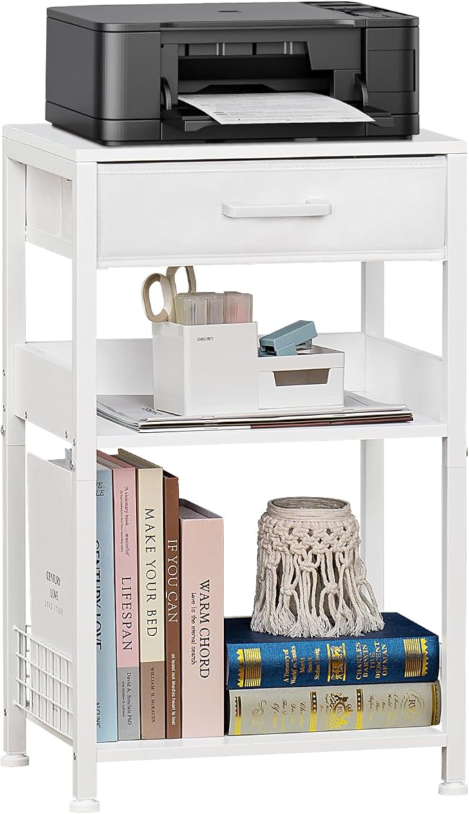 Lerliuo 3-Tier Printer Stand with Fabric Drawer and Shelves, White | Three-tier printer stand with fabric drawer and two shelves for paper, office supplies, scanners and fax machines