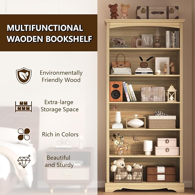 TVU 6-Tier Wooden Bookshelf, 76 Inch Tall Bookshelf with Storage, Floor Standing Modern Style Display Bookcase for Living Room, Office, Study Room, Entryway, Natural Wood Color