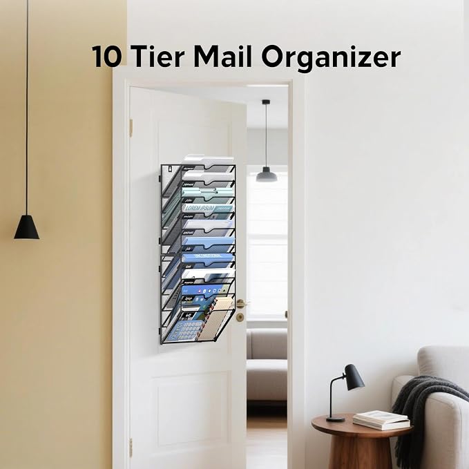 10 Tier Wall File Organizer Office Hanging Mail Holder Wall Mounted, Mesh Paper Document Organizer for Office Home School, Black | Wall Organizer and Wall Mounted File Holder with 10 Pockets and Label Panels for Files, Mail, Folders, Magazines and Paper
