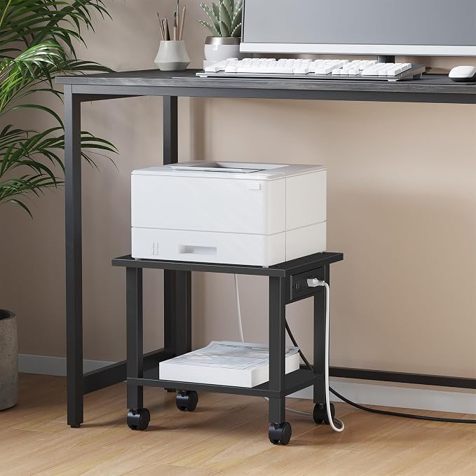 TUTOTAK Printer Stand, 2 Tier Rolling Printer Cart with Charging Station | Small Under Desk Printer Table with Wheels for Small Space, Office, Home, Black PS01BK001