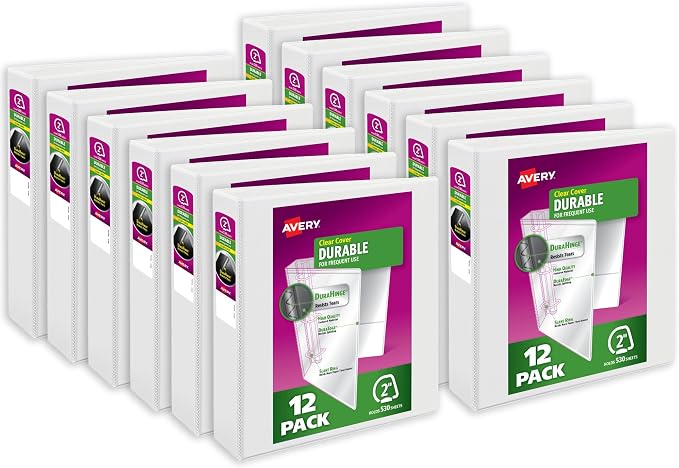 Avery Durable View 3 Ring Binders, 2" One Touch Slant Rings, 530 Sheet Capacity, 2.8" Wide Spine, Holds 8-1/2" x 11" Paper, Great for School Office Organization with Pockets, White (12-Pack of 17032)