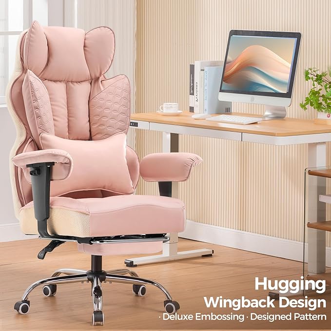 COMHOMA Big and Tall Office Chair Heavy Duty Wide Ergonomic Gaming Chair with Deluxe Embossing Designed Leather with Foot Rest,150°Reclining Adjustable Armrests Pocket Spring Back Support and Pillow
