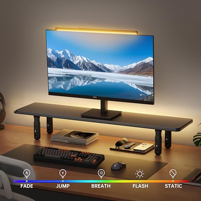 AFOOYO Dual Monitor Stand for Desk, Adjustable Height Wood Computer Riser, Ergonomic Monitor Shelf for Laptop, Printer, TV, Black - Large Storage Space, Sturdy Desk Organizer for Home & Office,Black