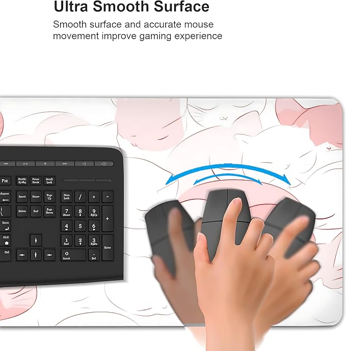 Cute Anime White Cat Gaming Mouse Pad, White Pink Minimalist Desk Mat with Anti-Slip Base & Stitched Edges, Office Supplies & Desk Decor for Women, 35.4" x 15.7" in Home Office Essentials