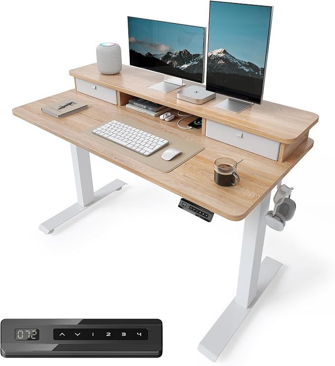 48x24 Inch Electric Standing Desk with Double Drawers, Adjustable Feet & Hooks, Ergonomic Home Office Workstation, Maple