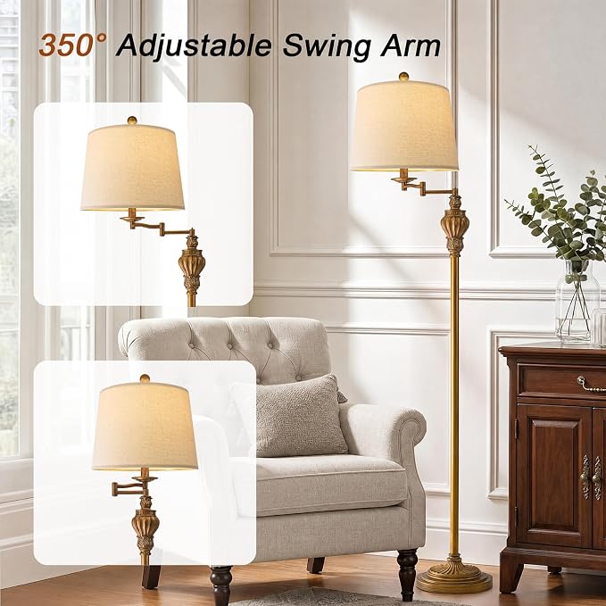 Vintage Floor Lamp with 350° Adjustable Swing Arm 61" Lamps for Living Room | Gold Floor Lamp, Standing Lamp for Bedroom, Retro Brass Antique Floor Lamp Mid Century Farmhouse Rustic Tall Swivel Pole Lamp