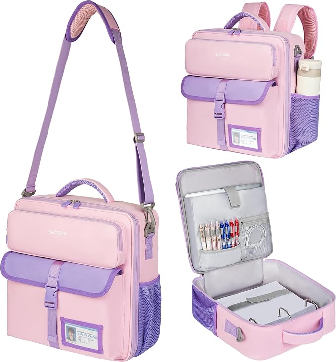Zipper Binder Bag 3 Ring 3 Inch, 700 Sheets Capacity Binder Organizer with Detachable Backpack Straps & Shoulder Strap, Portable File Storage Case for College Office Travel, Pink&Purple
