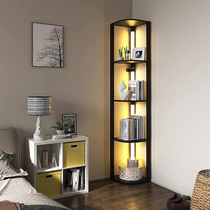 VTRIN Corner Shelf with Light, Modern Home Decor Stand Floor Lamps with Storage Shelves for Collectibles, Sturdy 5-Tier Corner Bookshelf Cabinet Display Shelf for Living Room Bedroom Small Space