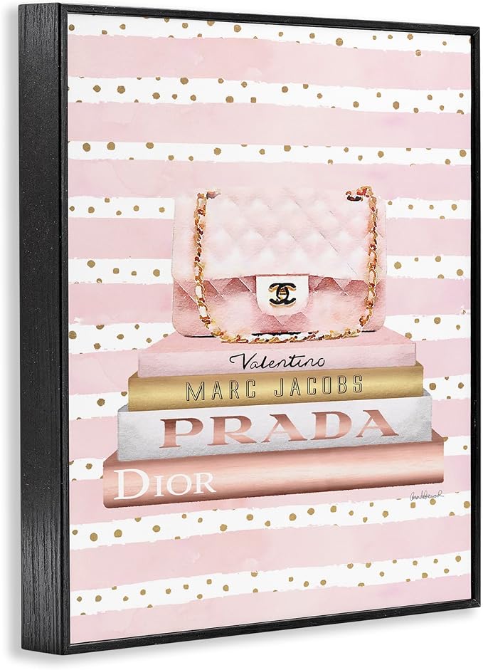 Stupell Industries 'Pink Purse Bookstack Over Stripes', Framed Giclee Art, Black, 11 x 14 Inches, Easy to Hang and Sturdy, Made in USA, by Amanda Greenwood
