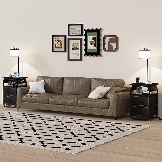runjuly Floor Lamp with Table, End Tables with Lamps Attached 3-Color Temperature Bulb, Side Table with Lamp with 2 Drawers & Charging, Lamps Tables Combo for Bedroom, Dorm, Apartment - Black