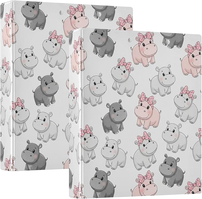 3 Ring Binder 1.5 Inch Hippo Cartoon Three Ring Binder Cute Binder with 3 Storage Pockets for Women School Office Supplies